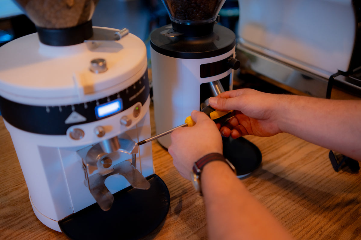 A close-up of a technician servicing a coffee grinder component with a screwdriver